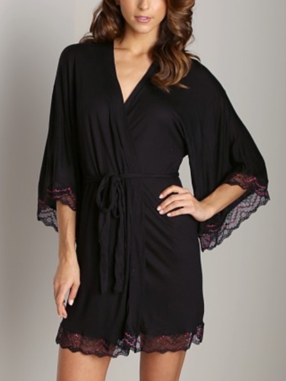 Eberjey Black with Purple Lace-Trim Wrap Robe with Attachable Belt Medium NWOT